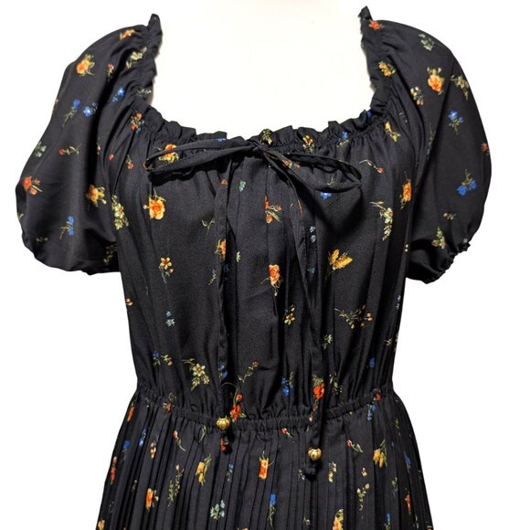 Wishing Waves Womens Sz L Black Floral Pleated Tiered Ruffles Puff Sleeve Dress - Picture 5 of 11